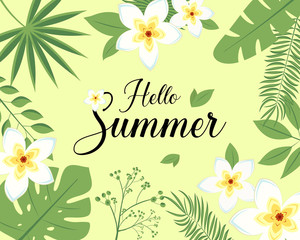 Hello Summer realistic leaf flower frangipani plumeria banner, poster. Retro lettering template with golden frame on beige background.