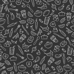 Seamless pattern with outline icons on a theme kitchen accessories and food,white outline on a black background
