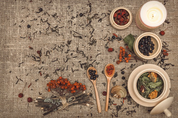 Herbal medicine concept. Alternative medicine. Dry wild rowan berry and apple berry, shelf fungus and other curative herbs essential oil on burlap sackcloth background with copy space.