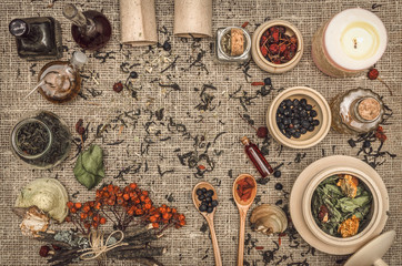 Herbal medicine concept. Alternative medicine. Dry wild rowan berry and apple berry, shelf fungus and other curative herbs essential oil and prescription scroll on burlap sackcloth background.