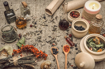 Herbal medicine concept. Alternative medicine. Dry wild rowan berry and apple berry, shelf fungus and other curative herbs essential oil on burlap sackcloth background with copy space.