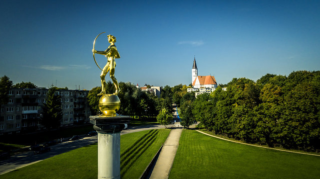Aerial view from drone on scenic landscape of Siauliai city in Lithuania.