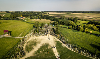 Aerial view from drone on hill of crosses in Siauliai, Lithuania.