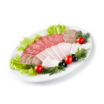 Cold cuts, sausage, ham, bacon. Isolated background