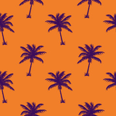 Fototapeta na wymiar Purple palms on an orange background. Seamless pattern