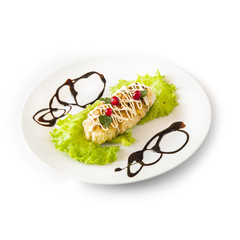 Fish fried in batter on a white plate. Isolated