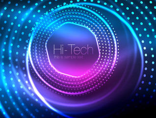 Magic neon circle shape abstract background, shiny light effect template for web banner, business or technology presentation background or elements, vector illustration