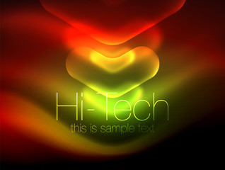 Blurred arrows in dark space. Neon pointers, glass glossy design, abstract shiny techno background, web banner