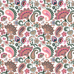 Colorful seamless pattern with fantasy flowers and decorative elements. Paisley. Indian style. Pastel pink, Vector eps8