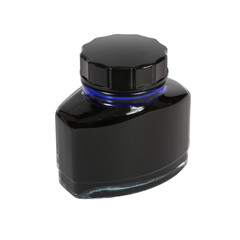Bottle of blue writing ink. Clipping path. Isolated on white
