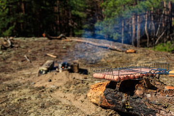 Sausages in barbecue grill near campfire ready for grilling