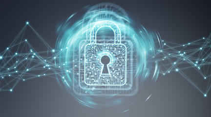 Digital padlock securing datas background 3D rendering