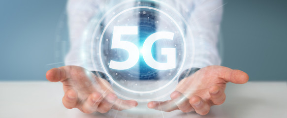 Businessman using 5G network interface 3D rendering