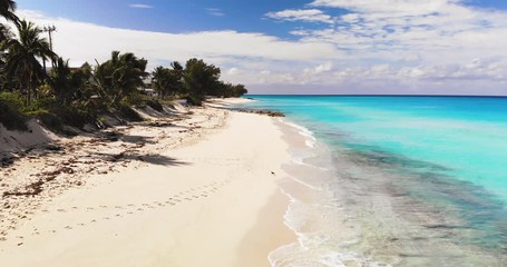 Aerial view of a desert island with a clear and transparent sea and a pristine beach. Concept of: holidays, maldives, dream landscapes.