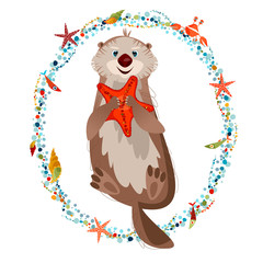 Smiling sea otter holding a starfish in paws.