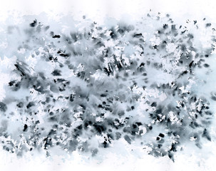 Abstract black dots and scratches watercolor background.