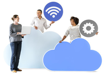 Happy people with cloud and technology icons