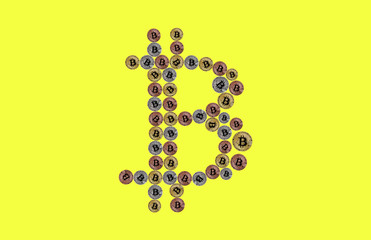 Bitcoin sign made of physical coins isolated on yellow background.