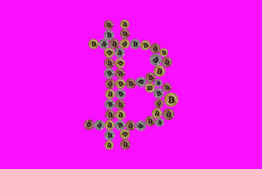 Bitcoin sign made of physical coins isolated on magenta background.