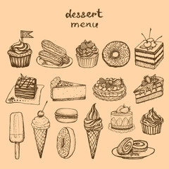 Desserts - set of hand-drawn elements and text 