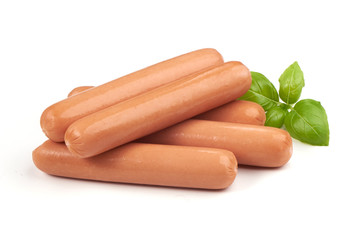 Boiled sausages with basil, isolated on white background.