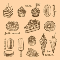 Desserts - set of hand-drawn elements and text 