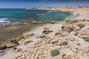 Ruins of the Palace on the reef in Caesarea Maritima, Medeterranian sea, Israel.