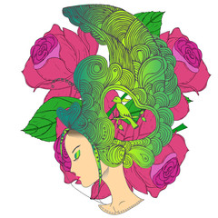 Portrait of pretty young woman in profile view with long beautiful hair with flowers. Vector illustration