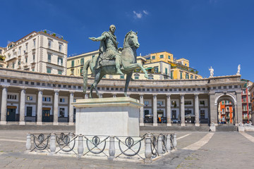 Bronze statue of King Ferdinand I of Bourbon in Piazza del Plebiscito in Naples, Italy. - obrazy, fototapety, plakaty
