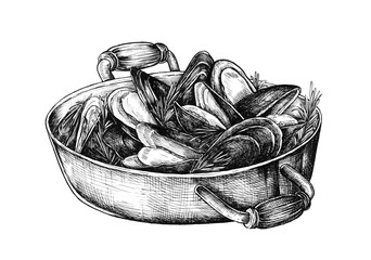 Hand drawn cooked mussels - obrazy, fototapety, plakaty