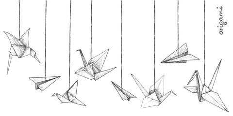 Origami - decoration - 8 gray paper figures - obrazy, fototapety, plakaty