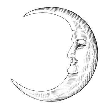 Hand drawn moon with face