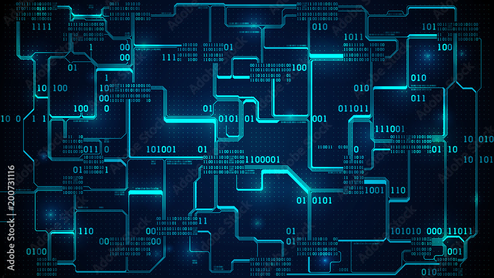 Poster Abstract futuristic electronic circuit board with binary code, neural network and big data - an element of artificial intelligence, matrix background with digits, well organized layers