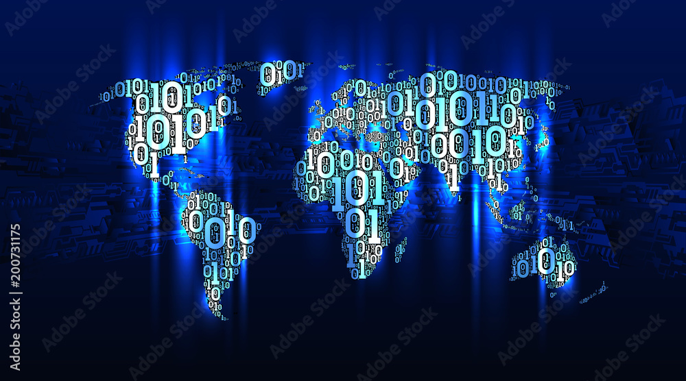 Poster Abstract map world with continents from digital binary code on the background abstract printed circuit board, concept of digital technology, Internet of things, big data, well-organized layers