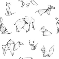 Origami - seamless pattern with gray graphic paper animals