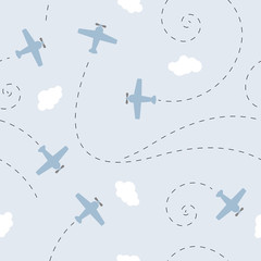 vector seamless children`s colorful pattern planes and clouds