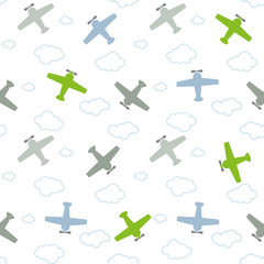 vector seamless children`s colorful pattern planes and clouds