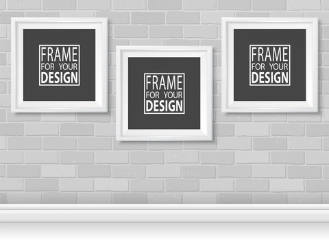 Frames on grey bricks wall mock up set vector white