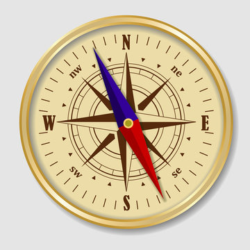 Vintage gold compass with wind rose.  Vector Illustration.