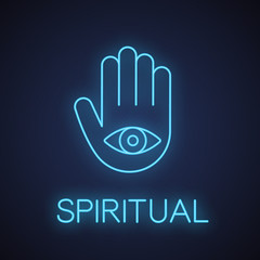 Eye in hand neon light icon