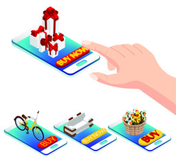 online purchase via smartphone. online store, buy flowers, buy furniture, buy bicycle, buy presents. Isometry 3d on a white background
