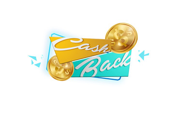 Inscription Cash Back, emblem image and gold coins on white background, isolate. Business concept, money back, finances, customer focus. White, blue, gold color. Illustration, 3d.