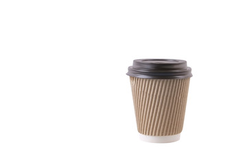 Brown carton disposable safe heat resistant double walled paper take out coffee cup to go. Colorful eco-friendly cardboard mug for hot beverages, black cap. Isolated background, close up, copy space.