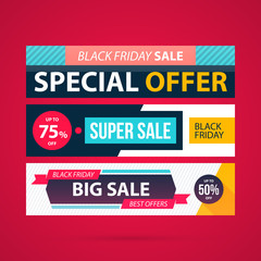 Three horizontal Black Friday banners in modern flat style on vibrant red background