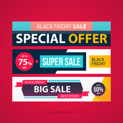Fototapeta premium Three horizontal Black Friday banners in modern flat style on vibrant red background