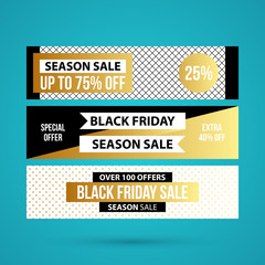 Three horizontal Black Friday banners in golden style on turquoise background