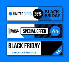 Fototapeta premium Three horizontal Black Friday banners in black and blue style on bright background