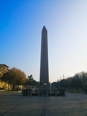 The central park of Istanbul, Turkey-March 29, 2018:The obilisk pole is set in the public park, The pole was built from a single stone, which is the symbol of Amon-Ra.