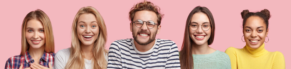 Horizontal shot of pleasant looking stylish male being pleased to be surrounded by four beautiful women, meet together to celebrate something, being in high spirit. People and happiness concept