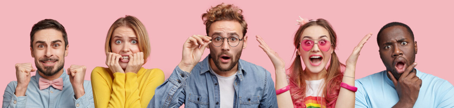 Handsome hipster guy in stupor, nervous blonde woman, bearded male clenches fists, overjoyed pinup woman, surpsied dark skinned male, isolated over pink background. People and emotions concept